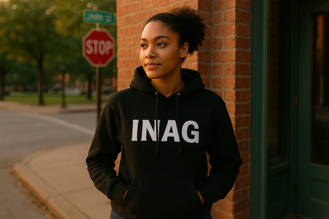 Man wearing a black INAG purpose-driven streetwear hoodie, standing confidently beside a brick building.