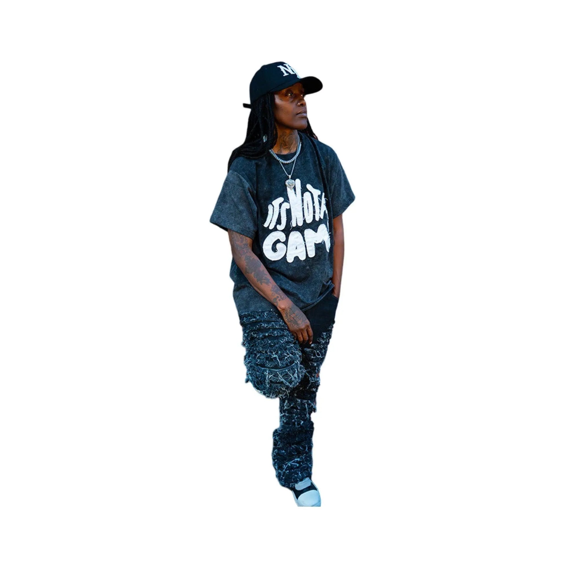 Mens Black Acid Wash Graphic T Shirt|Custom Printed Streetwear Tee - It's Not A Game Apparel™