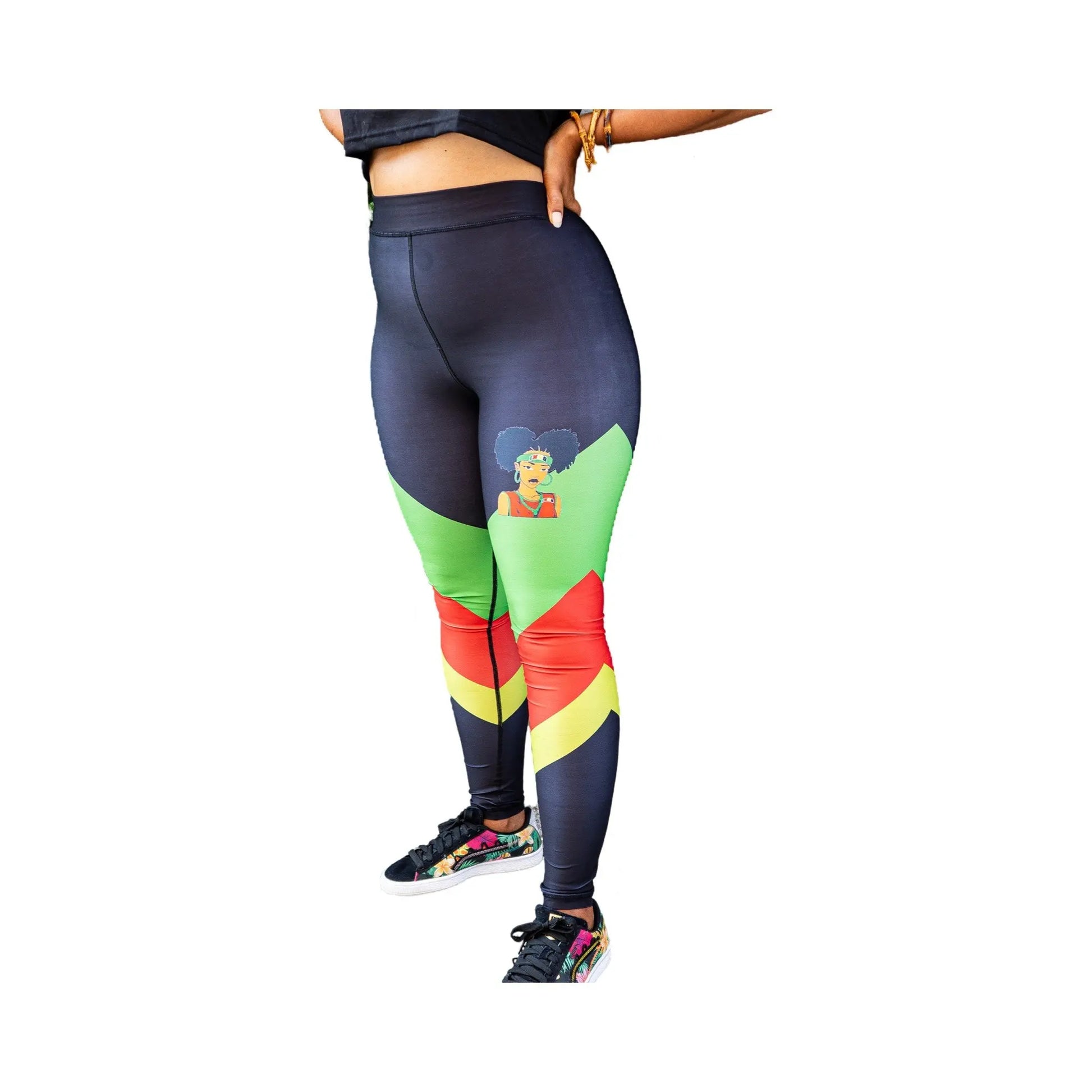 Black Graphic Leggings for Women with Afro Puffs logo - INAG™